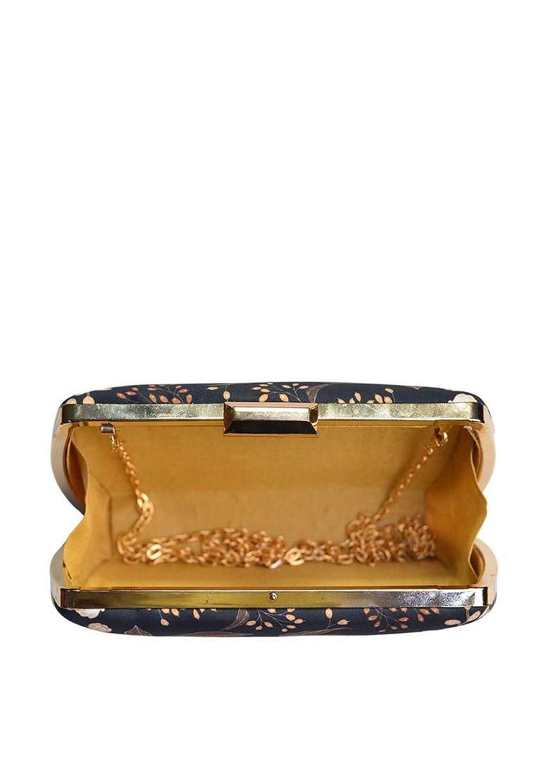 Navy Blue Fabric Navy Blue And Peach Coloured Printed Box Clutch - Indya