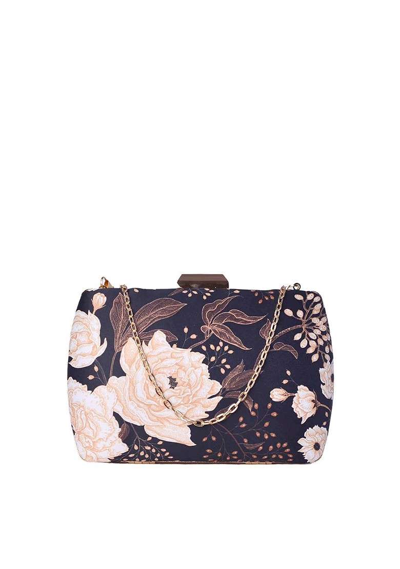 Navy Blue Fabric Navy Blue And Peach Coloured Printed Box Clutch - Indya