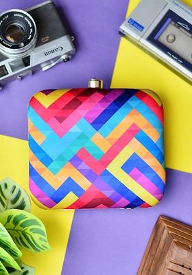 Multi Fabric Multicoloured Printed Box Clutch