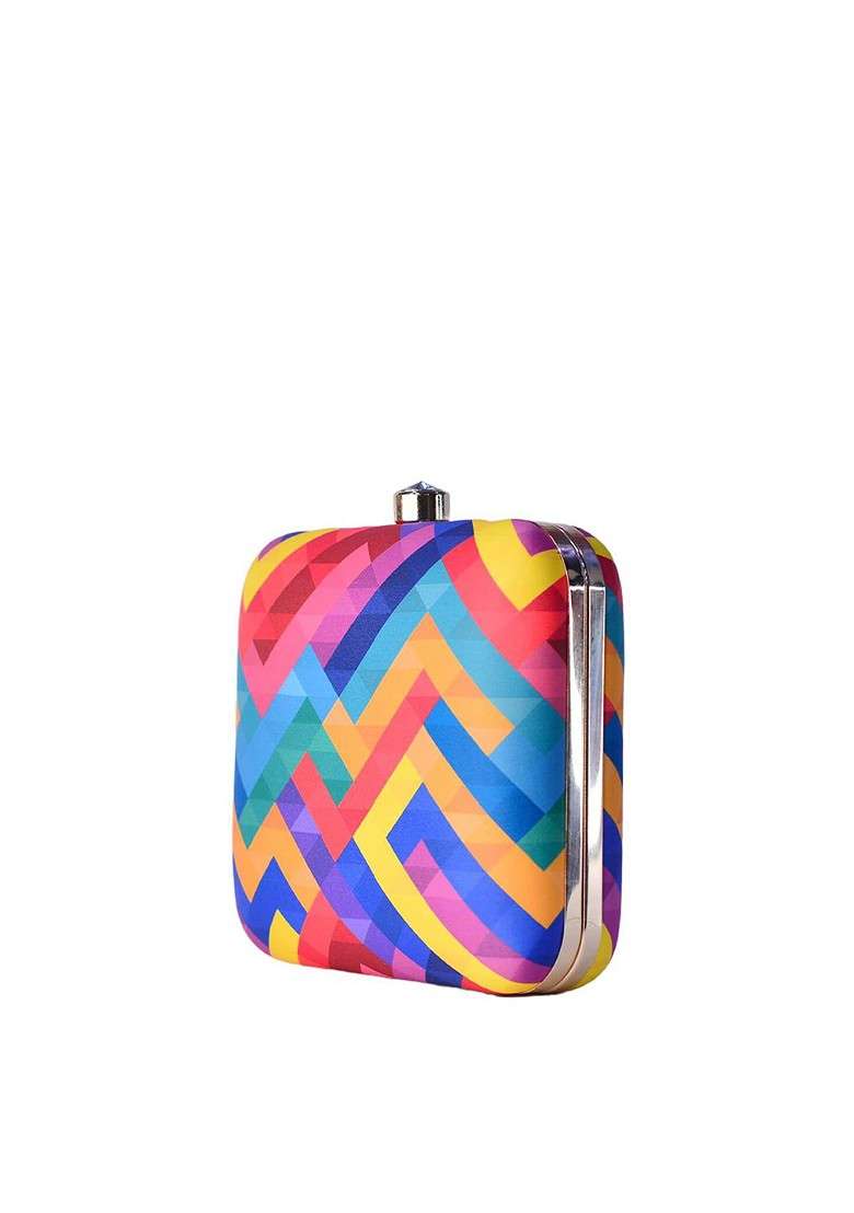 Multi Fabric Multicoloured Printed Box Clutch - Indya