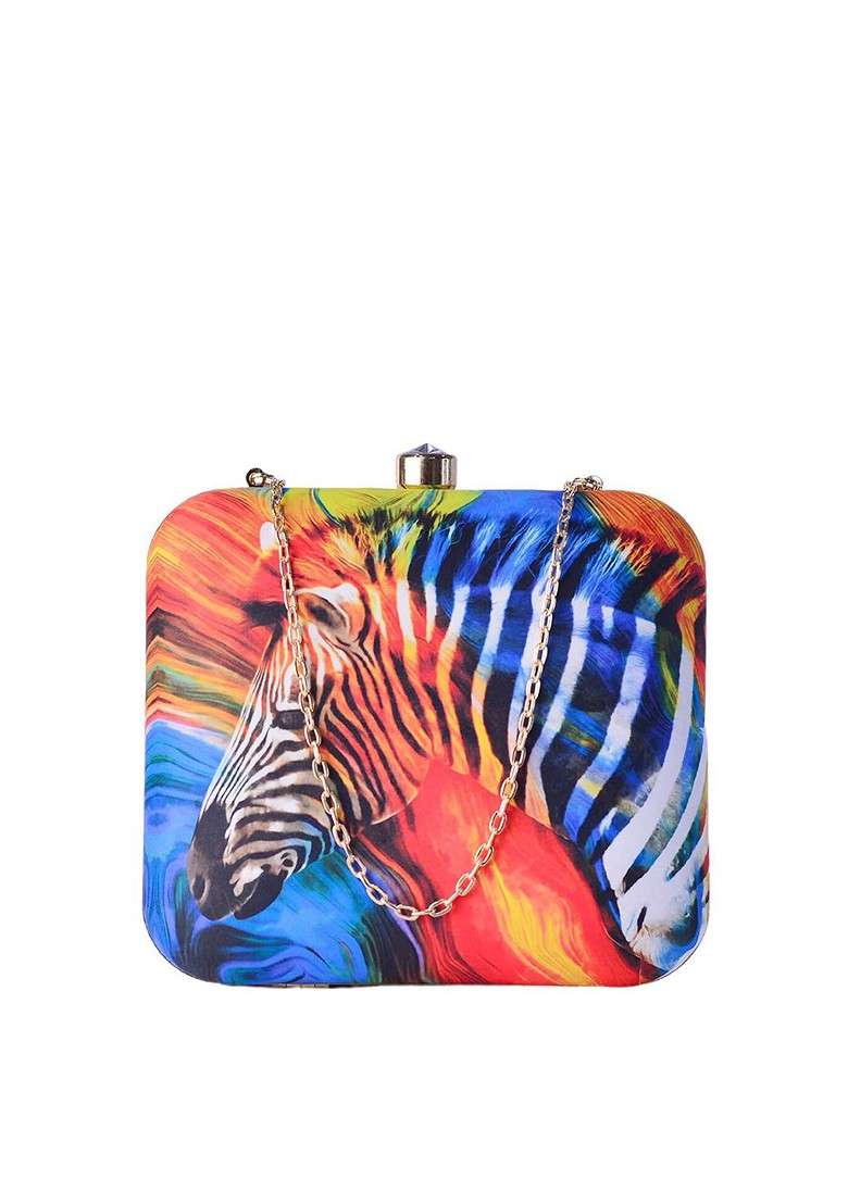 Blue Fabric Blue And Red Zebra Printed Box Clutch - Indya