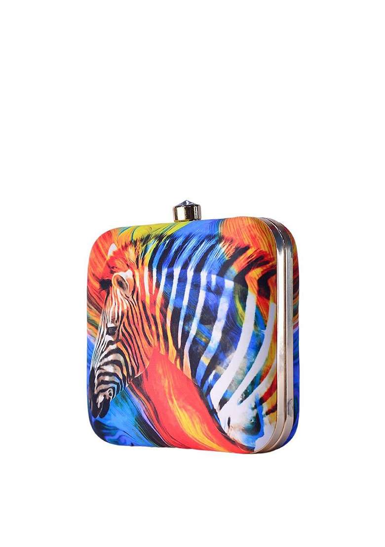 Blue Fabric Blue And Red Zebra Printed Box Clutch - Indya