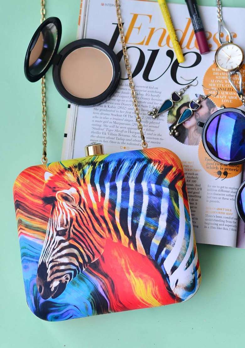 Blue Fabric Blue And Red Zebra Printed Box Clutch - Indya