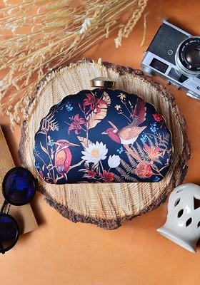 Black Fabric Black And Red Printed Box Clutch