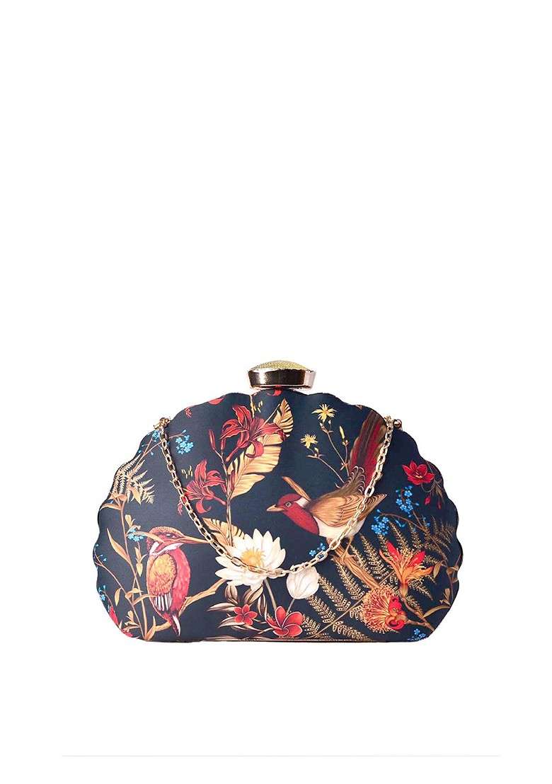 Black Fabric Black And Red Printed Box Clutch - Indya