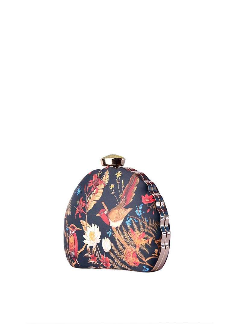 Black Fabric Black And Red Printed Box Clutch - Indya
