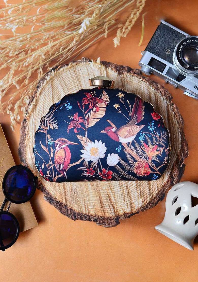 Black Fabric Black And Red Printed Box Clutch - Indya