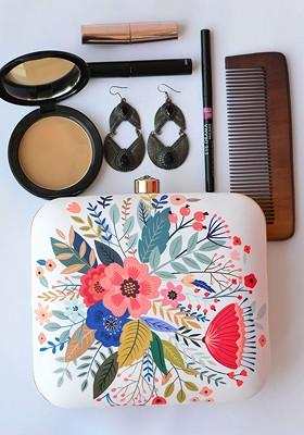 White Fabric White And Blue Printed Box Clutch