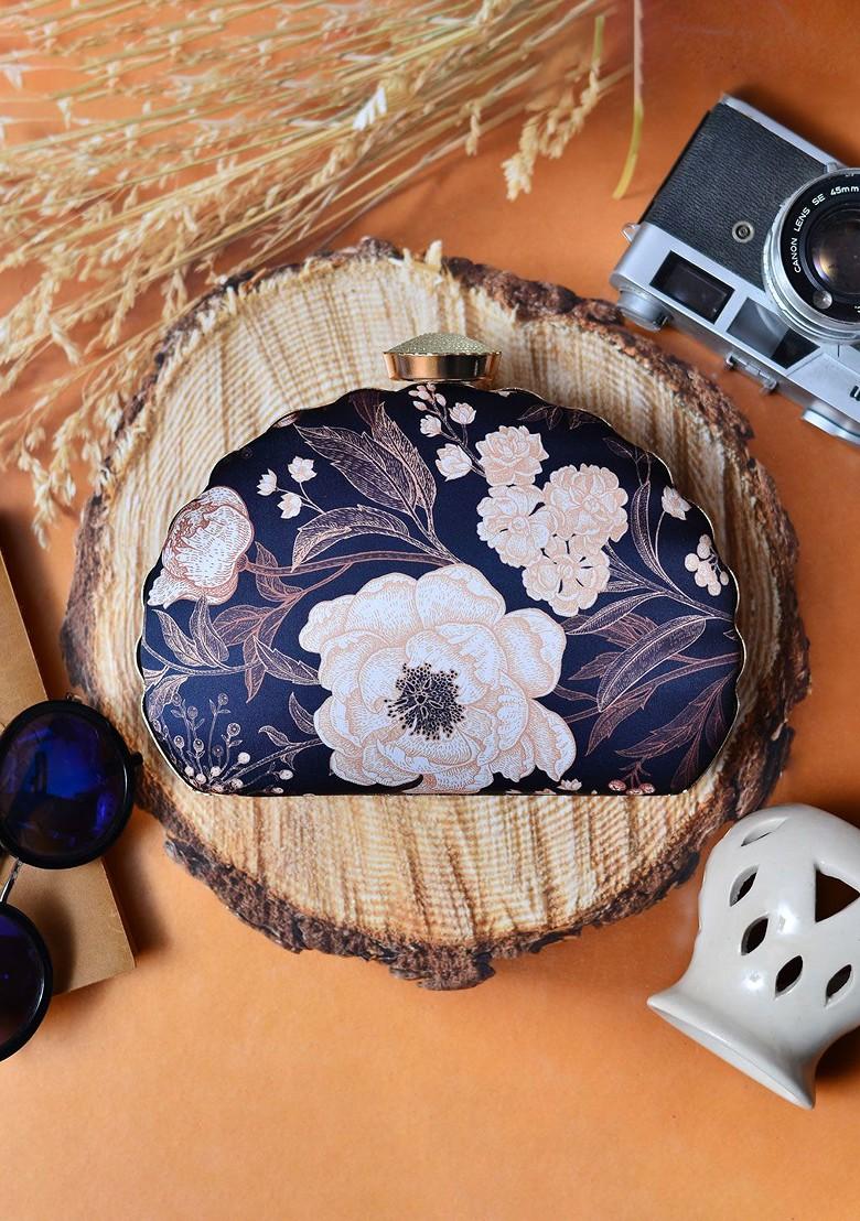 Black Fabric Black And White Printed Box Clutch - Indya