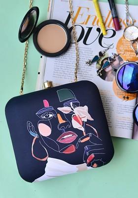 Navy Blue Fabric Navy Blue And White Printed Box Clutch