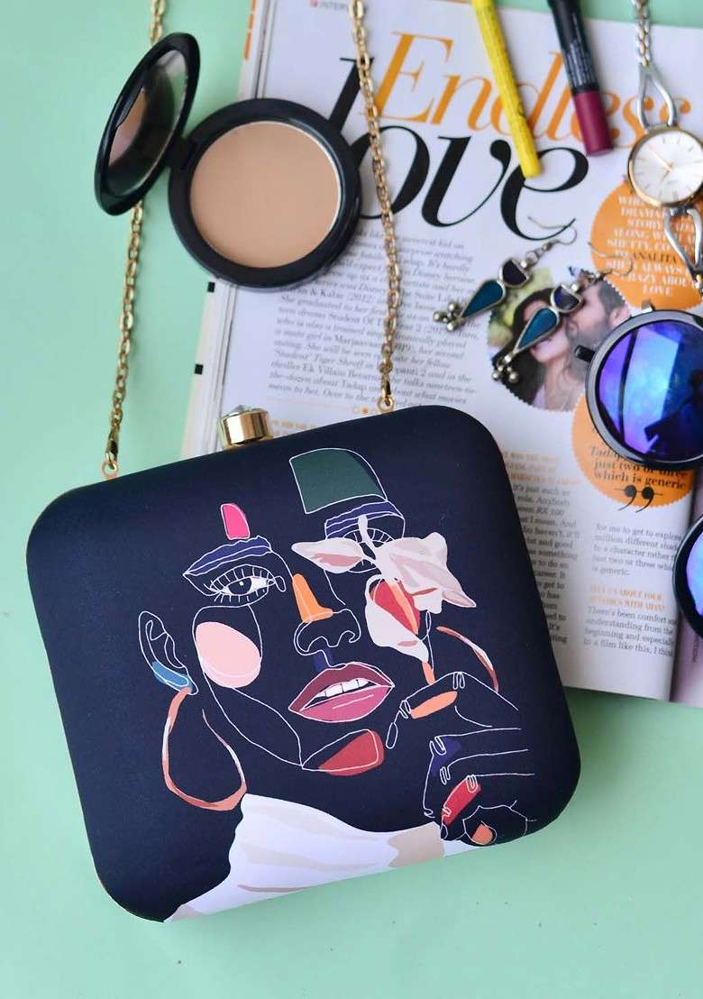 Navy Blue Fabric Navy Blue And White Printed Box Clutch - Indya