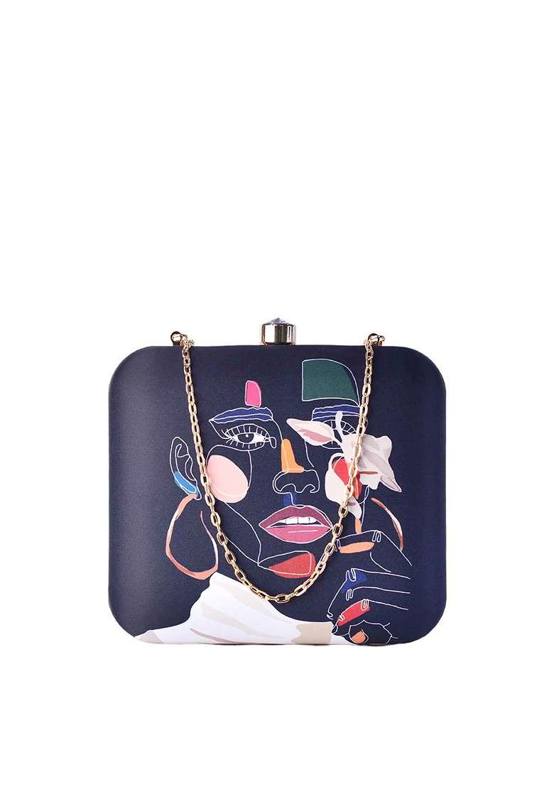 Navy Blue Fabric Navy Blue And White Printed Box Clutch - Indya