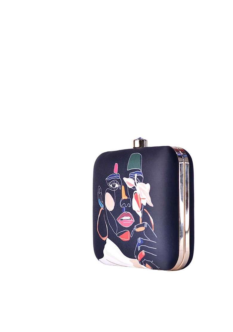 Navy Blue Fabric Navy Blue And White Printed Box Clutch - Indya