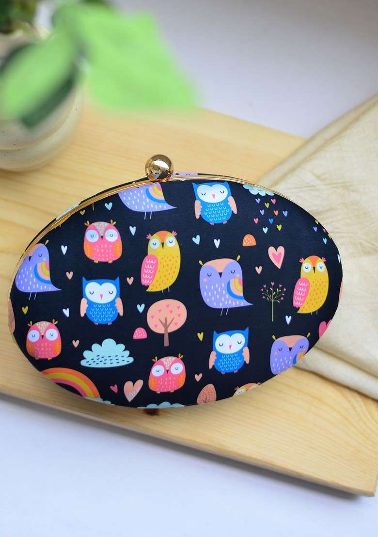 Blue Fabric Blue And Pink Printed Box Clutch - Indya