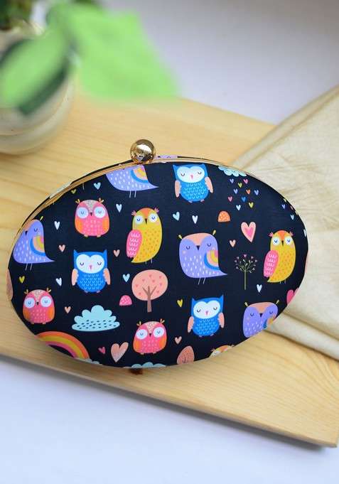 Blue Fabric Blue And Pink Printed Box Clutch