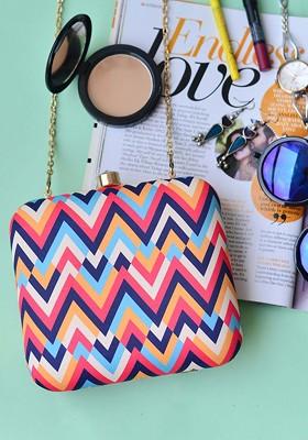 White Fabric White And Red Printed Box Clutch