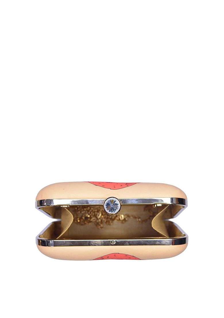 Peach Fabric Peach Coloured And Red Printed Box Clutch - Indya