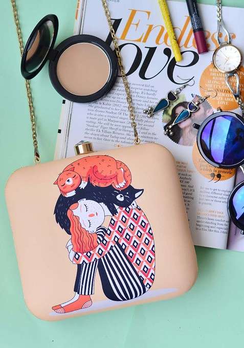 Peach Fabric Peach Coloured And Red Printed Box Clutch