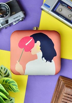 Orange Fabric Orange And White Shy Woman Portrait Printed Box Clutch
