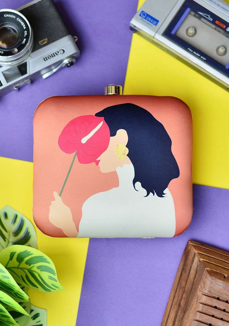 Orange Fabric Orange And White Shy Woman Portrait Printed Box Clutch - Indya
