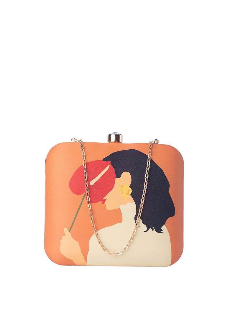 Orange Fabric Orange And White Shy Woman Portrait Printed Box Clutch - Indya