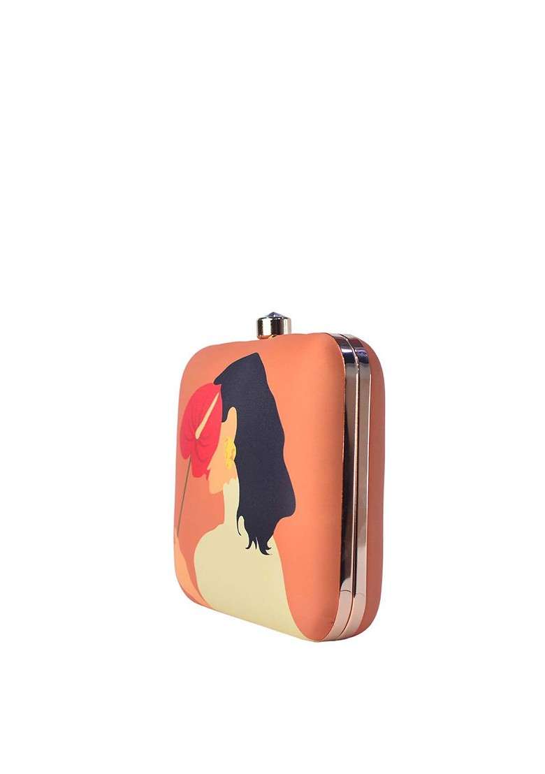 Orange Fabric Orange And White Shy Woman Portrait Printed Box Clutch - Indya
