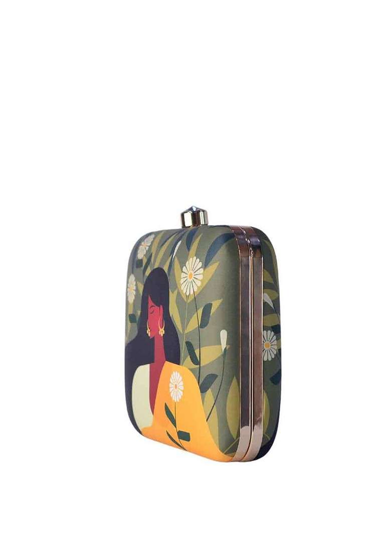 Multi Fabric Women Multicoloured Printed Box Clutch - Indya