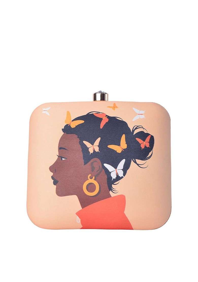 Beige Fabric Beige And Orange Printed Box Clutch - Indya