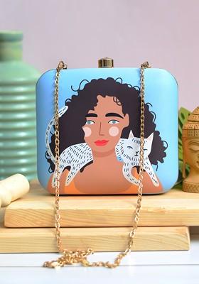 Blue Fabric Blue And Brown Printed Box Clutch