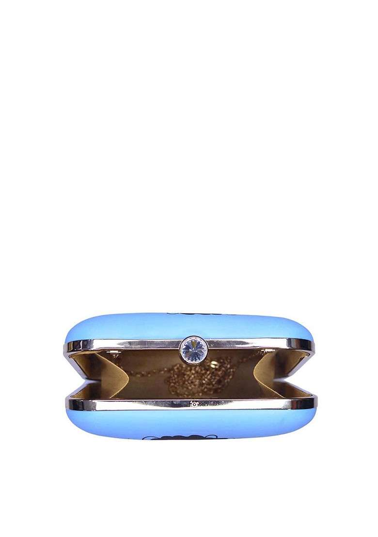 Blue Fabric Blue And Brown Printed Box Clutch - Indya