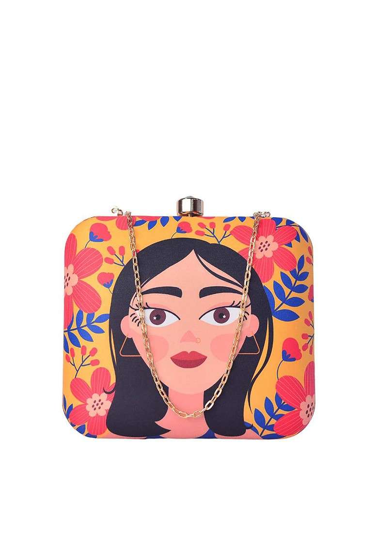 Multi Fabric Women Multicoloured Printed Box Clutch - Indya