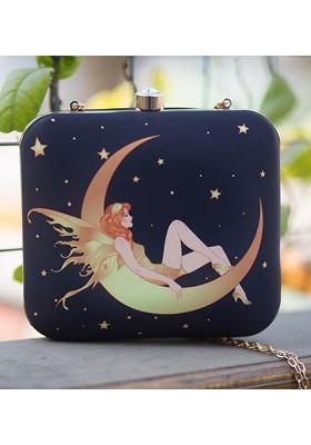 Blue Fabric Blue And Orange Printed Box Clutch