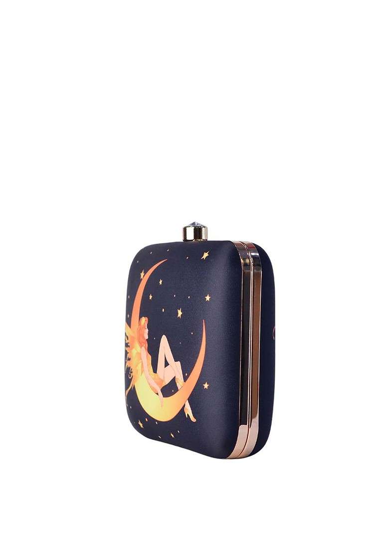 Blue Fabric Blue And Orange Printed Box Clutch - Indya