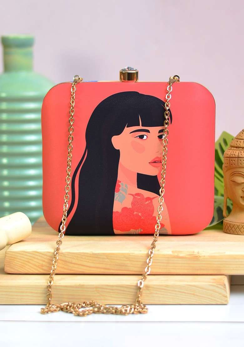 Red Fabric Red And Black Printed Box Clutch - Indya