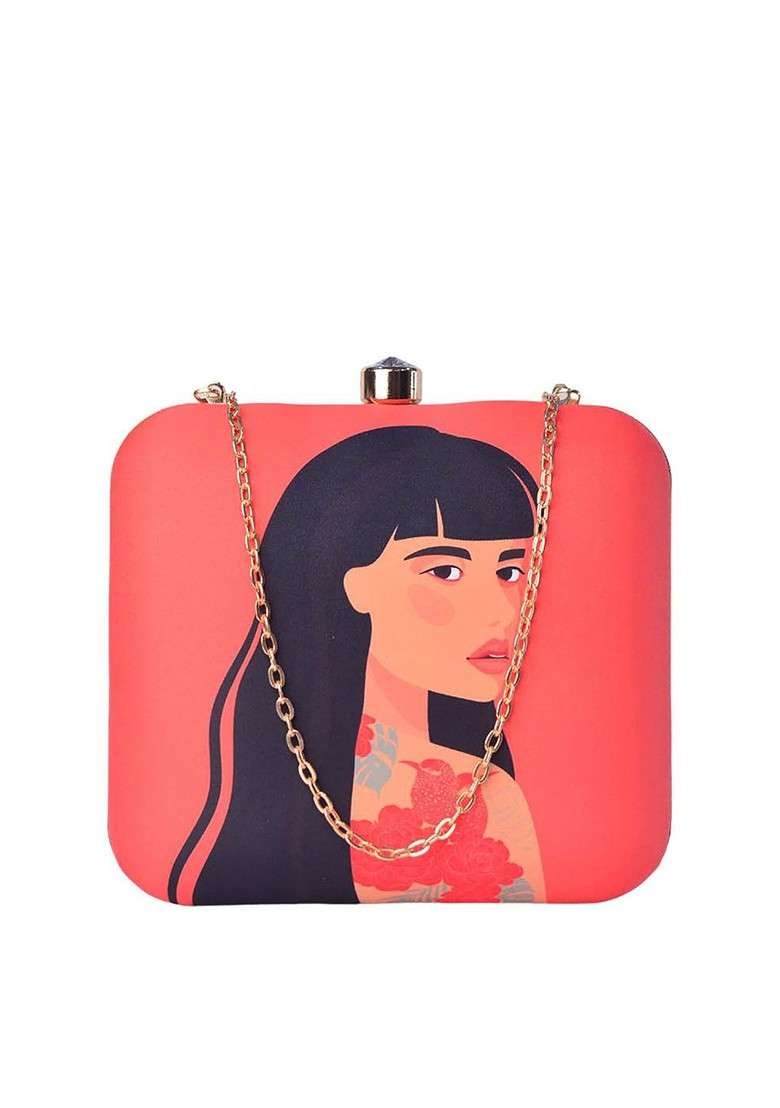 Red Fabric Red And Black Printed Box Clutch - Indya