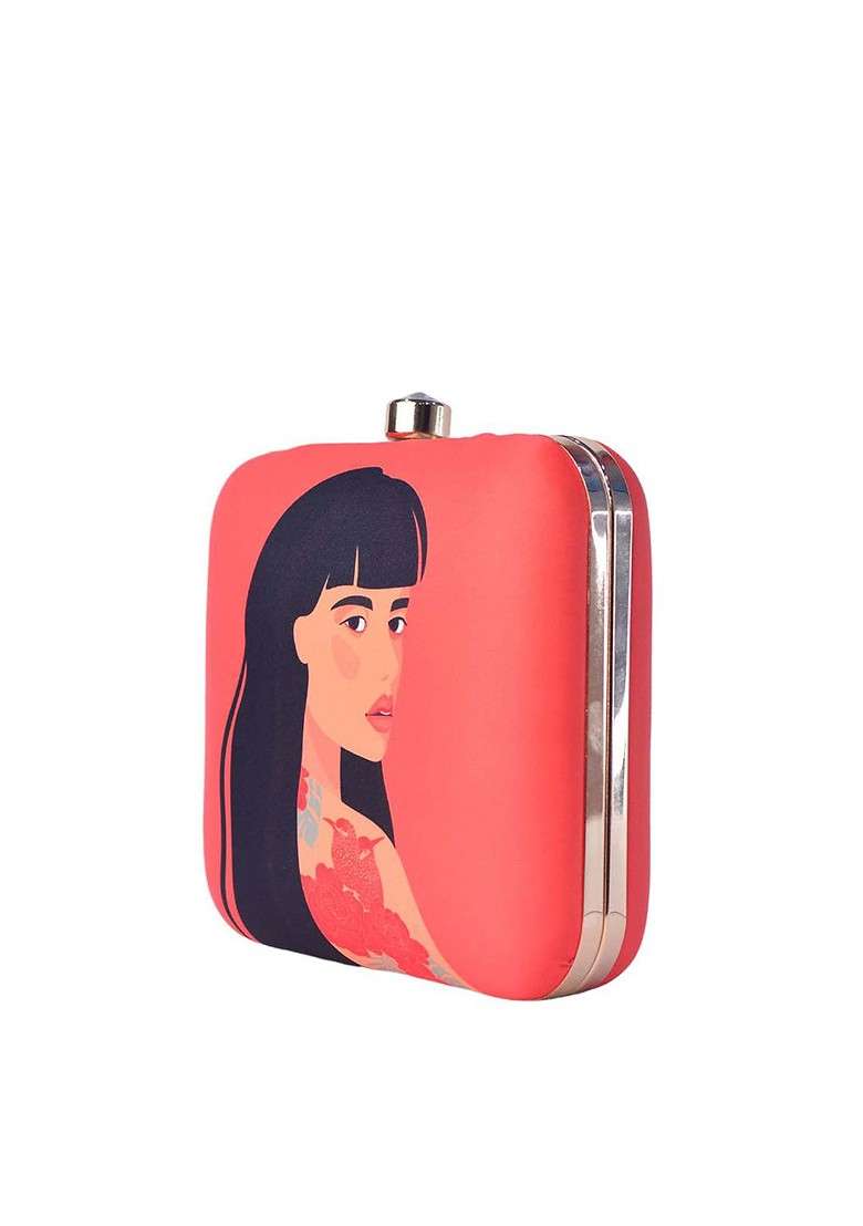 Red Fabric Red And Black Printed Box Clutch - Indya