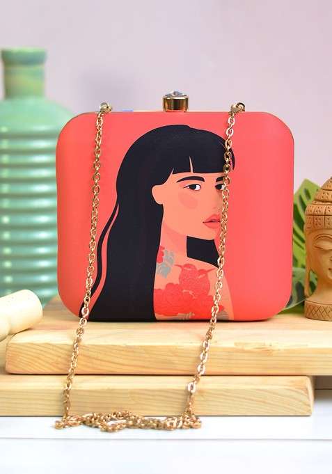 Red Fabric Red And Black Printed Box Clutch