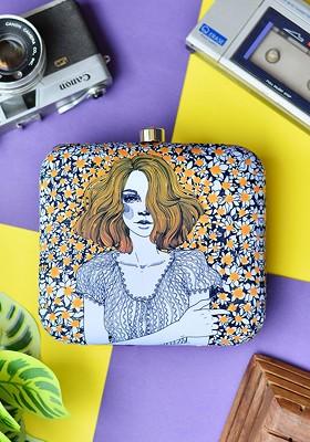 Yellow Fabric Yellow And Blue Printed Box Clutch