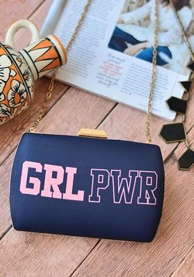 Black Fabric Black And Pink Printed Box Clutch