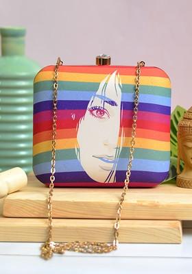 Multi Fabric Multicoloured Printed Box Clutch