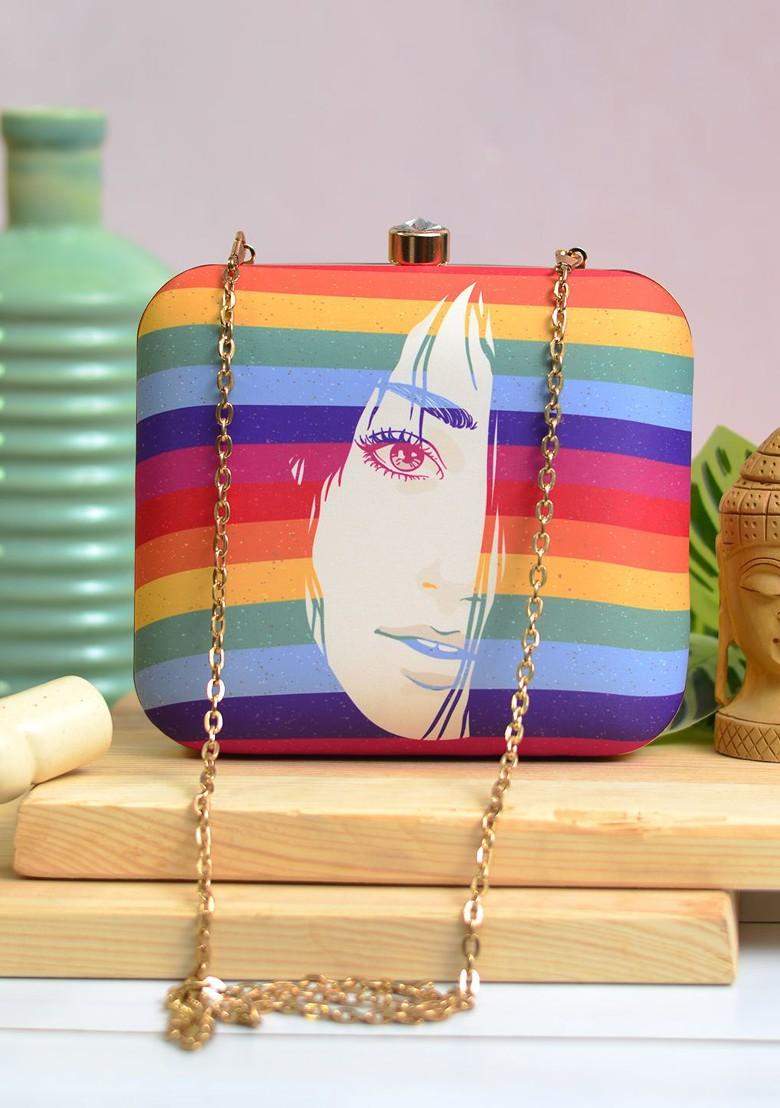Multi Fabric Multicoloured Printed Box Clutch - Indya