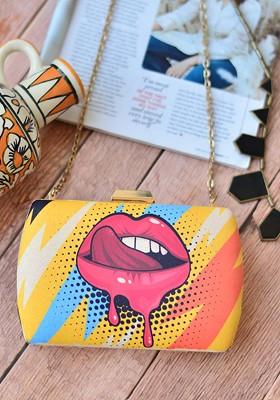 Yellow Fabric Yellow And Red Printed Box Clutch