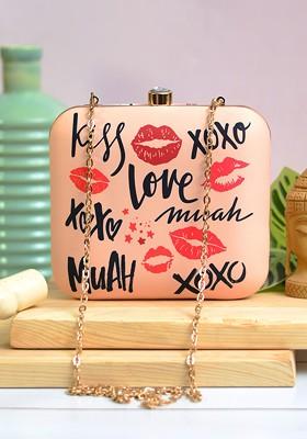 Beige Fabric Beige And Black Printed Box Clutch