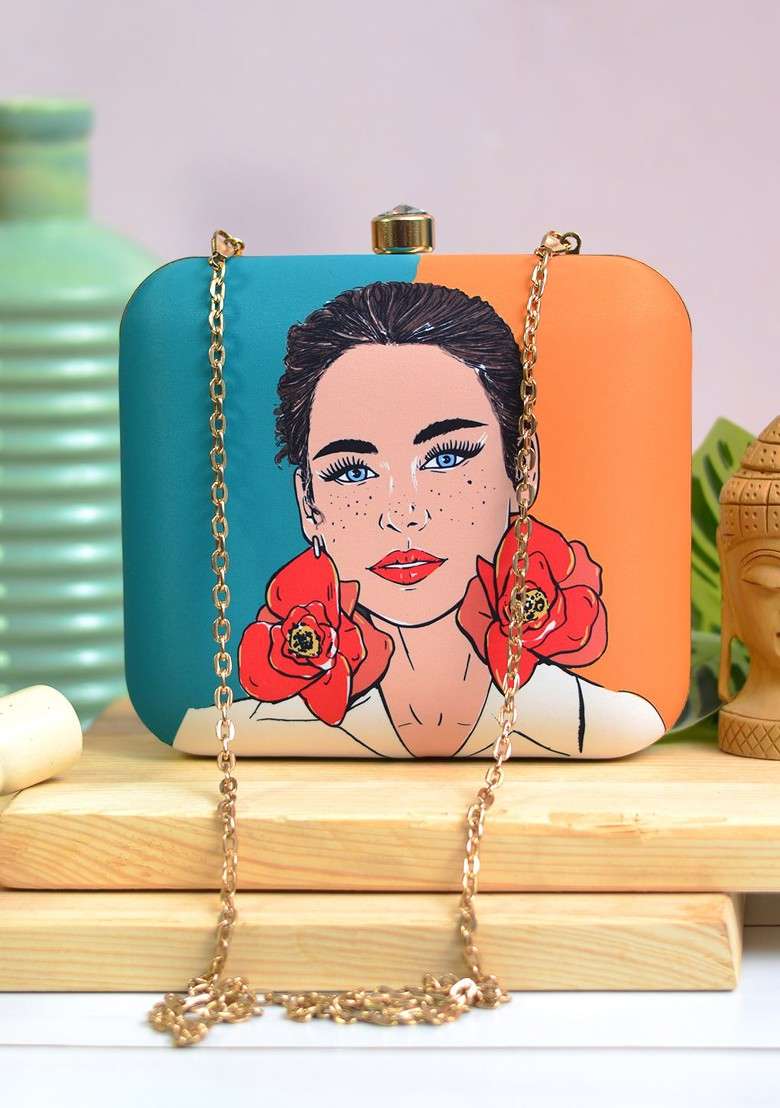 Orange Fabric Orange And Blue Printed Box Clutch - Indya