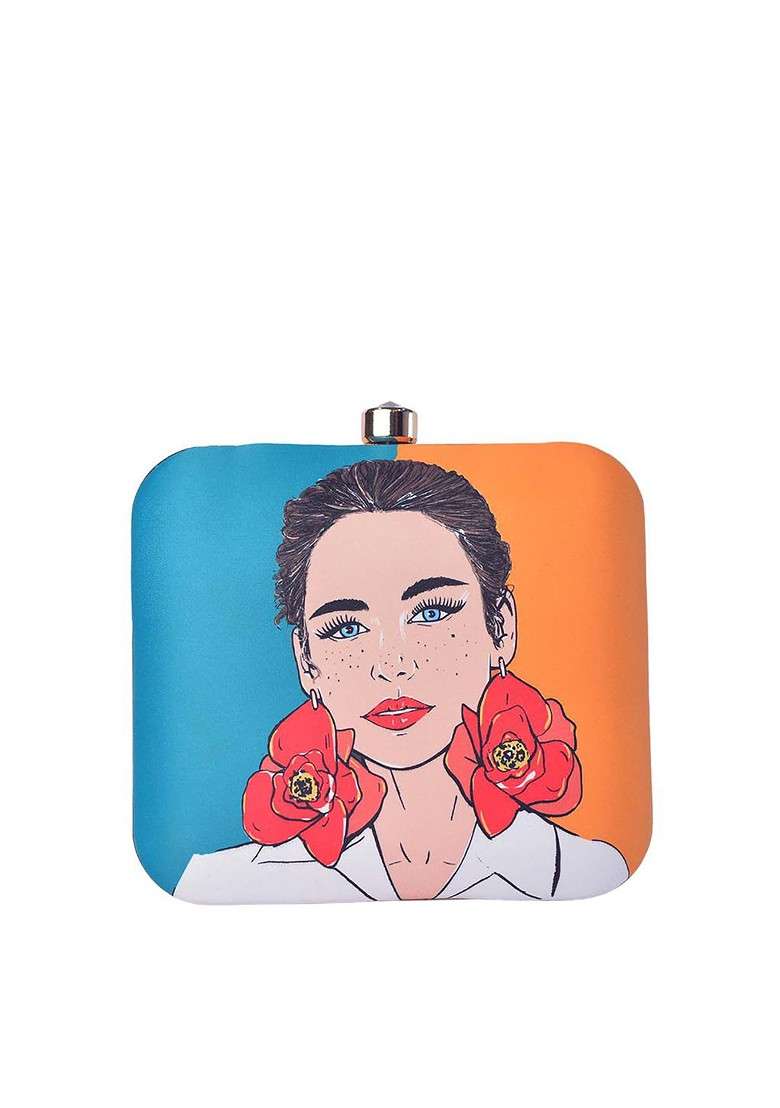 Orange Fabric Orange And Blue Printed Box Clutch - Indya