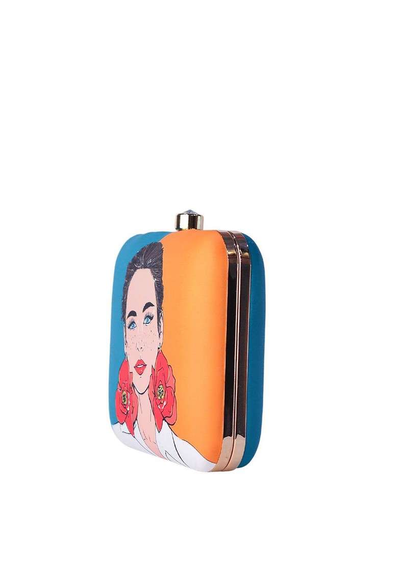 Orange Fabric Orange And Blue Printed Box Clutch - Indya
