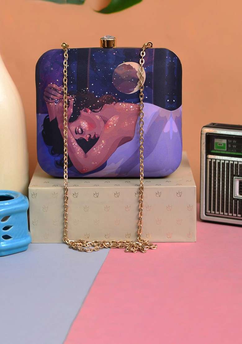 Blue Fabric Blue And Purple Printed Box Clutch - Indya