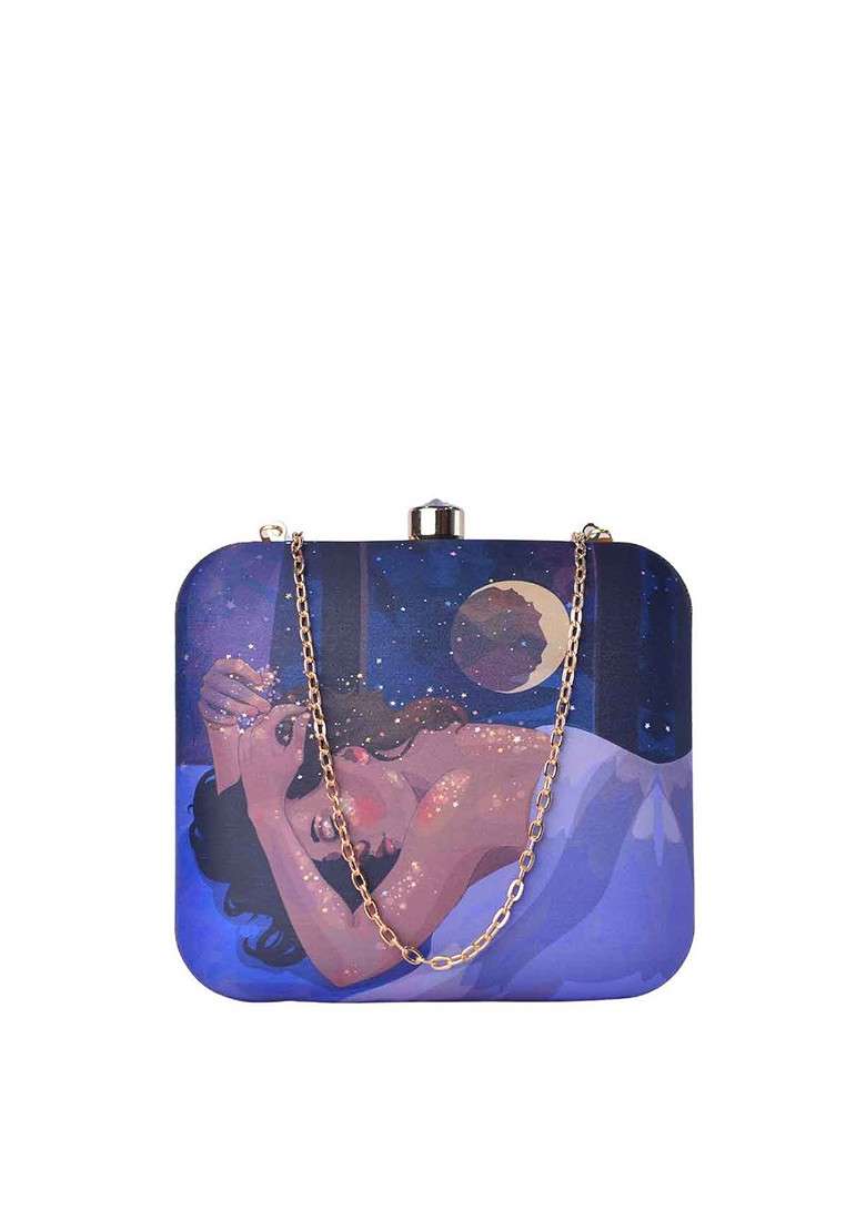 Blue Fabric Blue And Purple Printed Box Clutch - Indya