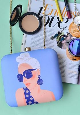 Blue Fabric Blue And Beige Printed Box Clutch