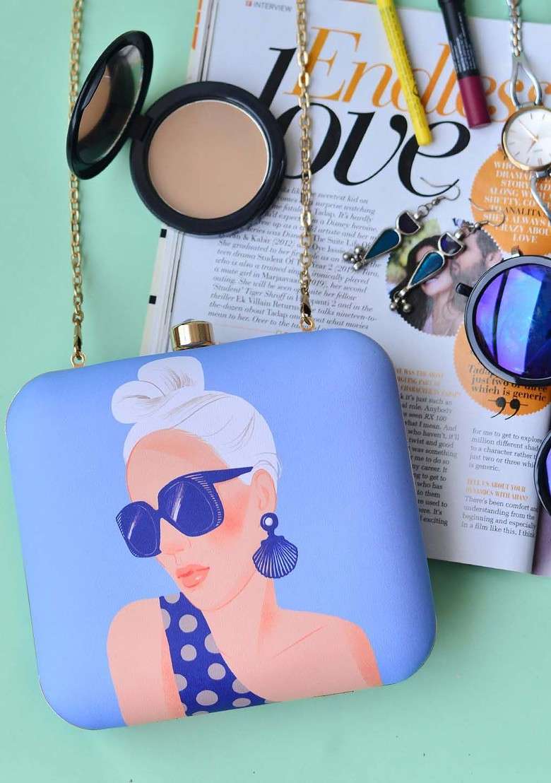 Blue Fabric Blue And Beige Printed Box Clutch - Indya